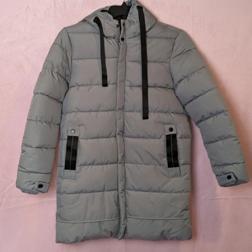 Kids Silver Gray Full Zip Longline Puffer Coat with Pockets size Large